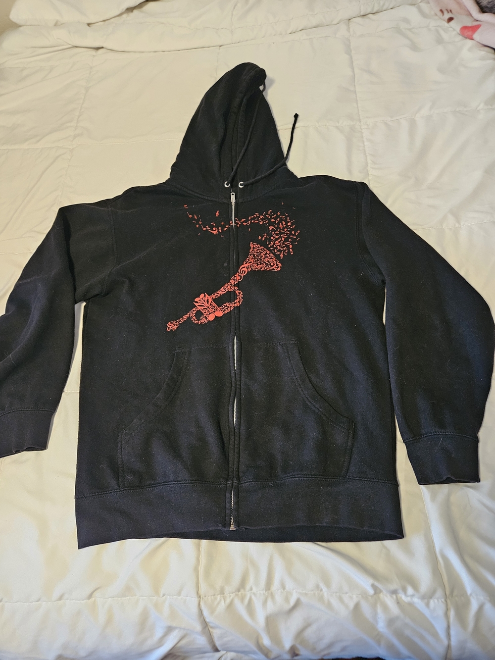 Black Hooded Zip-Up Sweatshirt with Red Musical Note Print